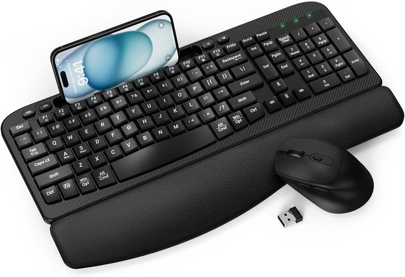 EAYBLLY Wireless Keyboard and Mouse Combo, Wave Keys Full-Sized Ergonomic Keyboard with Cushioned Plam Rest, Phone Holder, Comfortable Natural Typing, 2.4G Cordless Set for Computer, Laptop, PC, Mac, Windows - Image 1